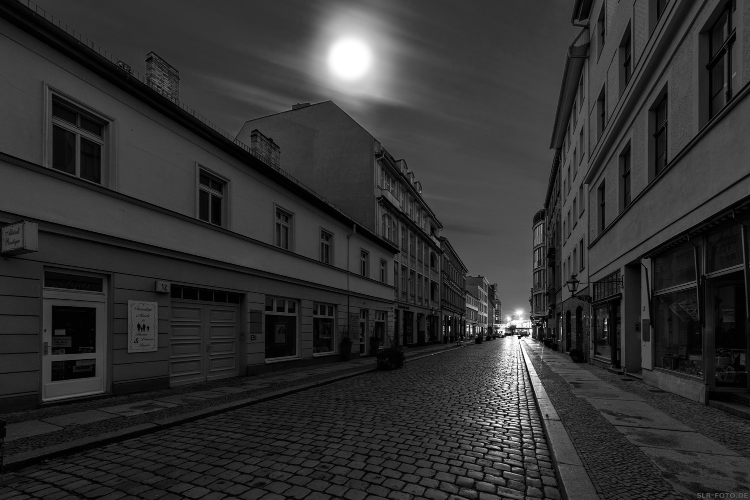 Grünstraße in Köpenick ohne Straßenbeleuchtung bei Vollmond s/w