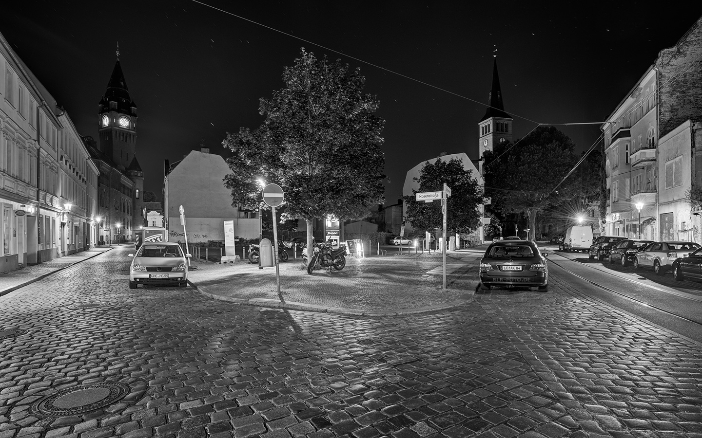 Rosenstraße mit Rathaus Köpenick und Kirchstraße mit St. Laurentiuskirche