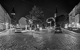 Rosenstraße mit Rathaus Köpenick und Kirchstraße mit St. Laurentiuskirche